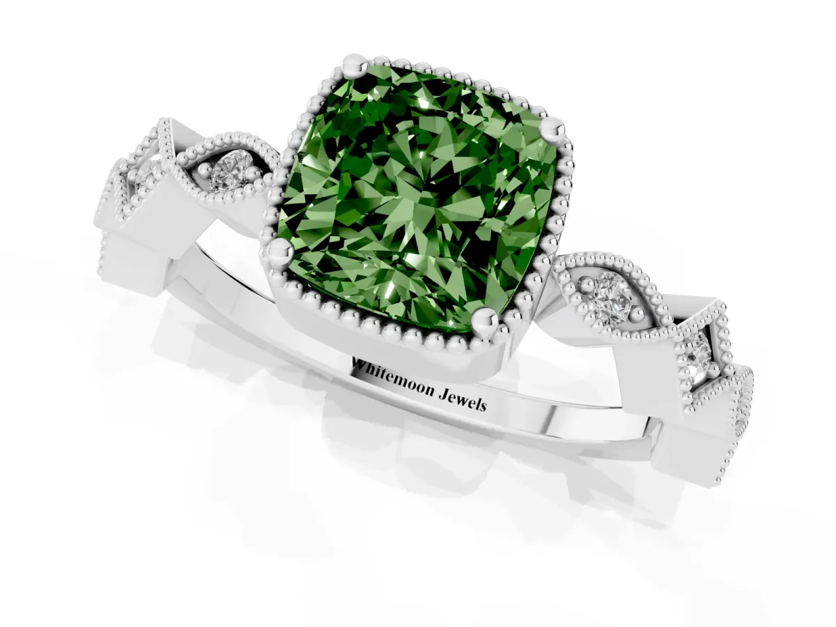 Fancy Green Cushion Cut Milgrain Marquise Diamond Twist Band Ring Silver