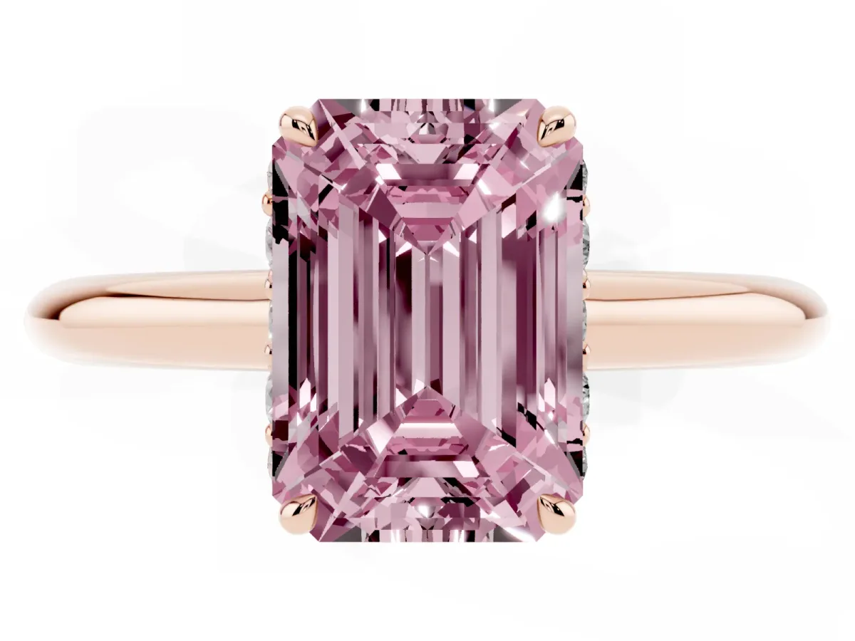 Fancy Pink Emerald Cut Brilliant Solitaire Engagement Ring with Six-Prong Setting and Classic Band Rose gold