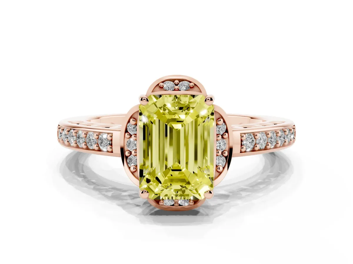 Fancy Yellow Emerald Cut Cut Halo Diamond Ring with Channel Set Band and Four-Prong Setting Rose gold
