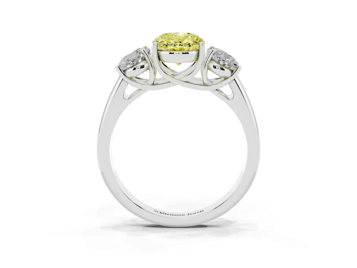 Fancy Yellow Three-Stone Oval Cut Diamond Engagement Ring with Prong Setting Platinum