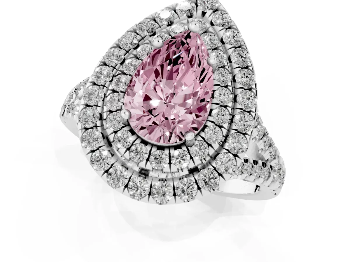 Fancy Pink Double Halo Pear Cut Diamond Pavé Split Shank Ring with Prong Setting White gold