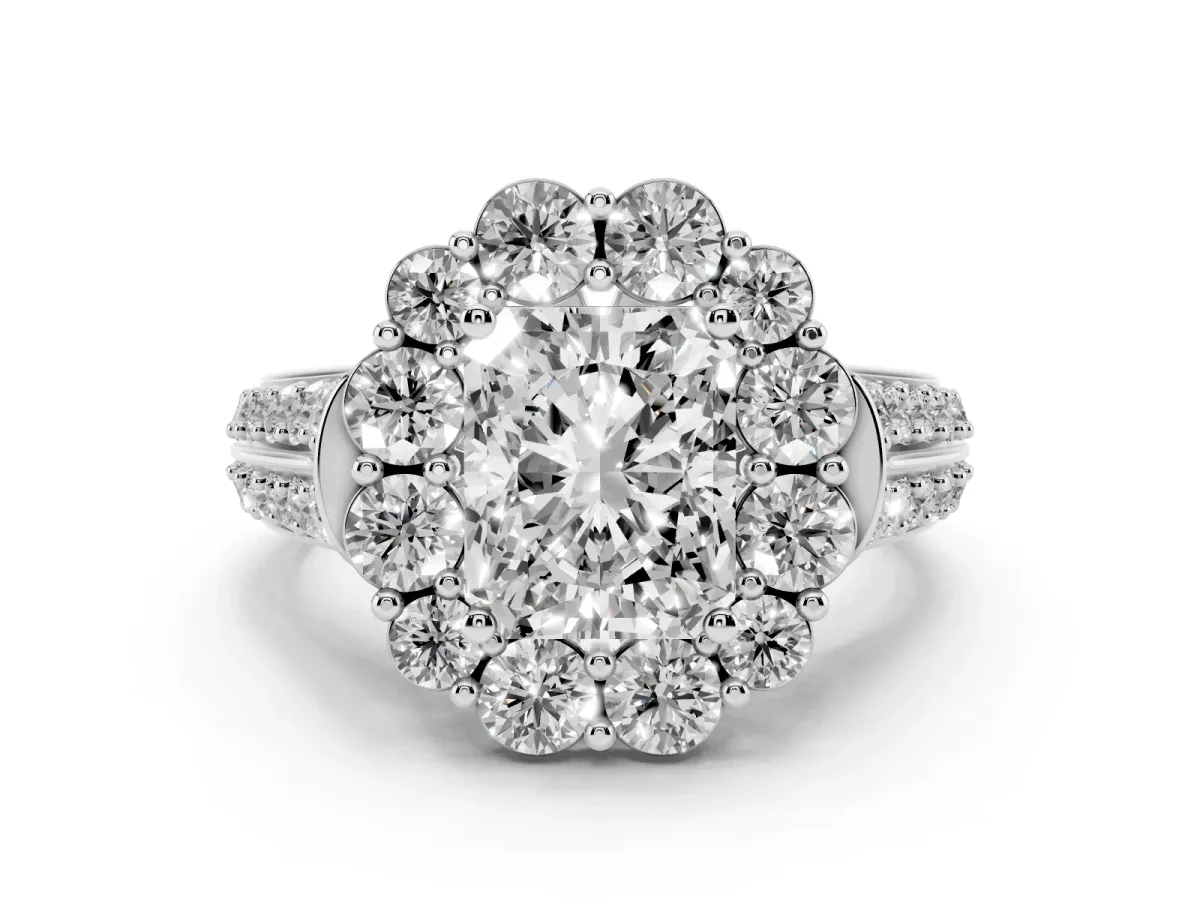 Radiant Cut Halo Diamond Engagement Ring with Split Shank and Prong Setting Silver