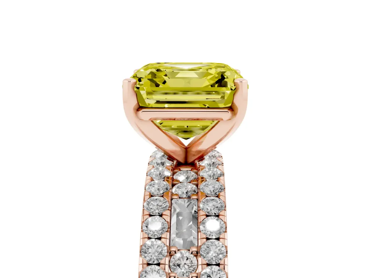 Fancy Yellow Asscher Cut Diamond Solitaire Ring with Pavé and Channel Set Band Rose gold