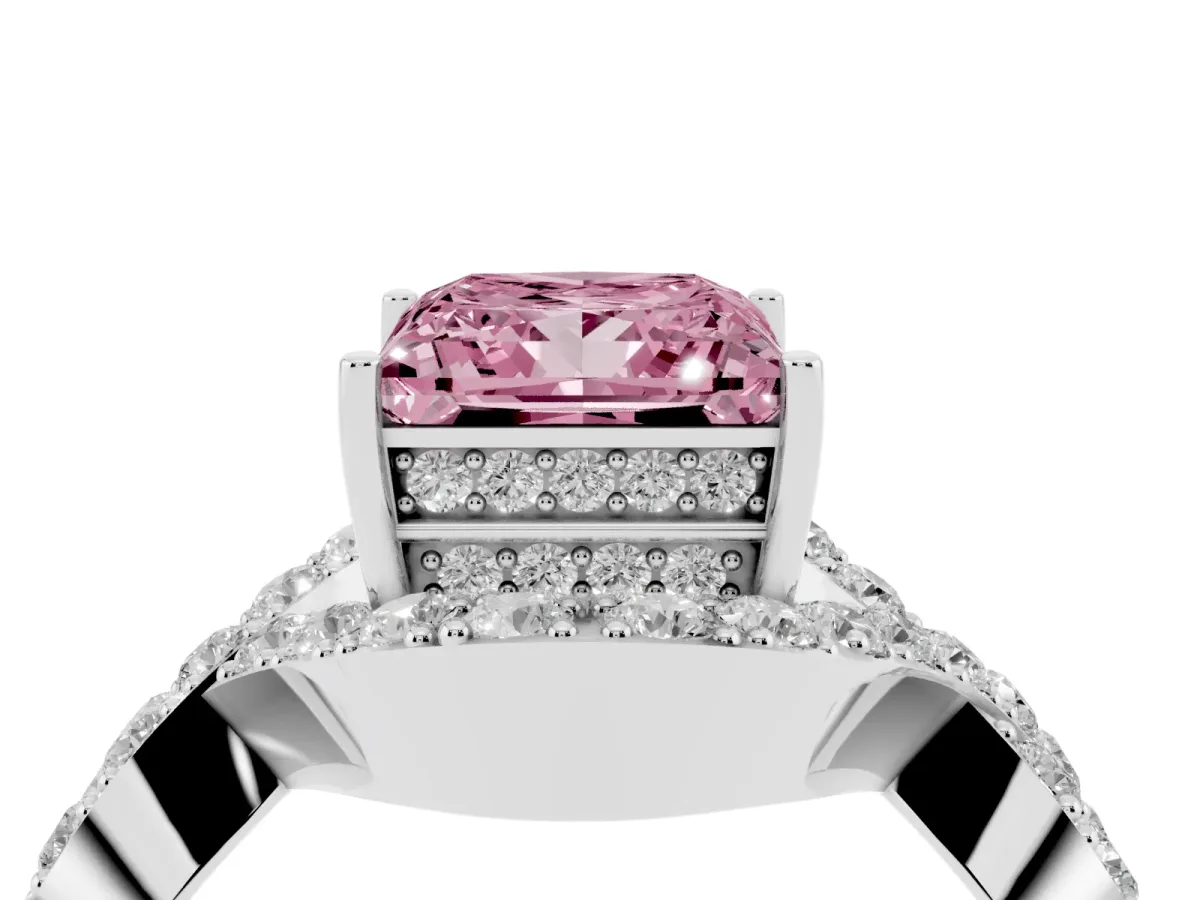 Fancy Pink Princess Cut Solitaire Twist Band Pavé Diamond Engagement Ring Silver