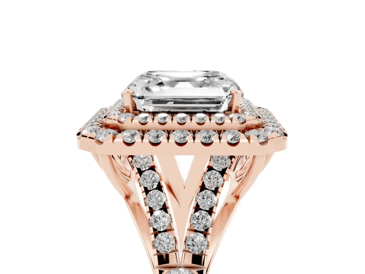 Asscher Cut Cut Double Halo Split Shank Diamond Ring with Prong Setting Rose gold