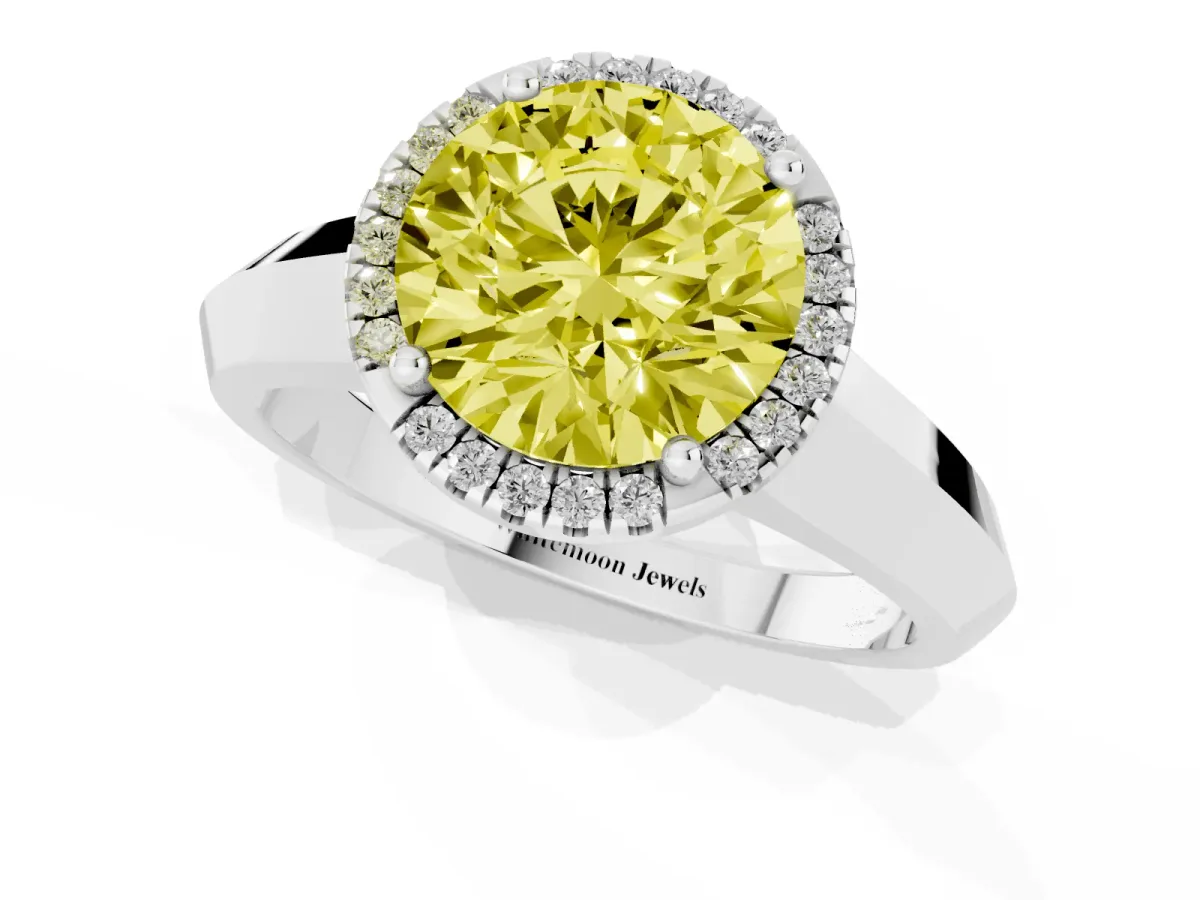 Fancy Yellow Round Cut Halo Diamond Ring with Cathedral Band and Four-Prong Setting Platinum
