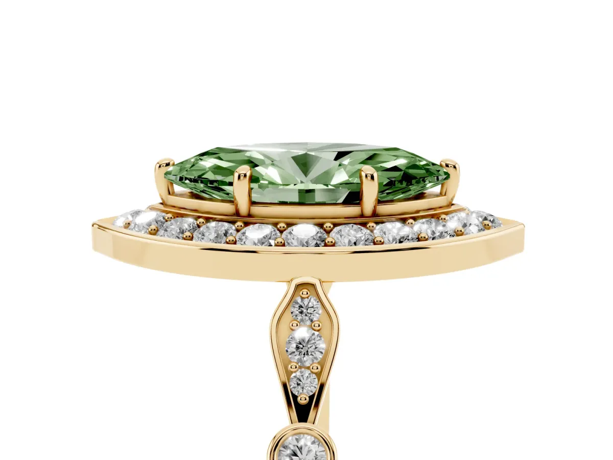 Fancy Green Marquise Cut Halo Diamond Engagement Ring with Twisted Band and Four-Prong Setting Yellow gold