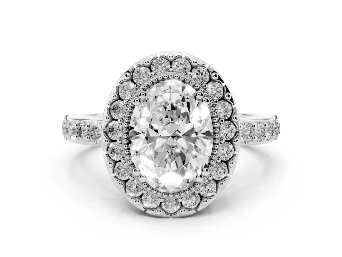 Oval Cut Diamond Halo Ring with Pavé Band and Prong Setting Silver