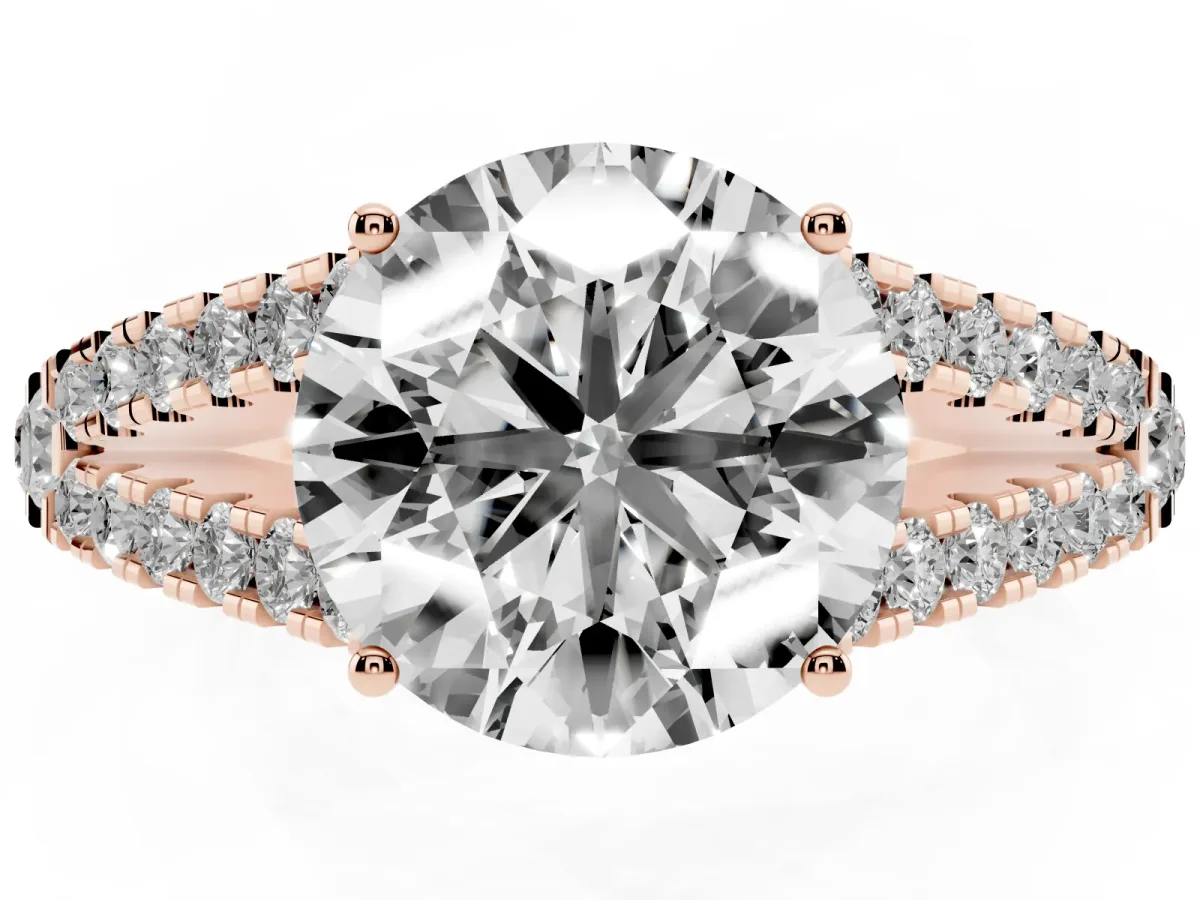Round Cut Diamond Split Shank Engagement Ring with Round Pavé and Prong Setting Rose gold