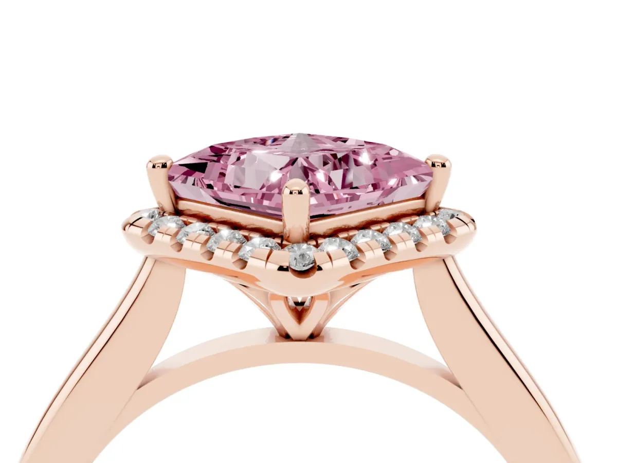 Fancy Pink Princess Cut Halo Round Diamond Solitaire Engagement Ring with Pave Band and Four-Prong Setting Rose gold
