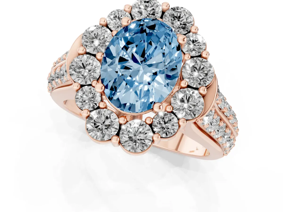 Fancy Blue Oval Cut Halo Diamond Engagement Ring with Split Shank and Prong Setting Rose gold