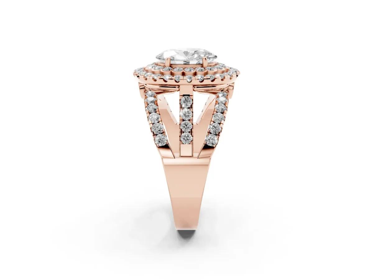 Oval Cut Diamond Double Halo Ring with Round Pavé Split Shank and Prong Setting Rose gold