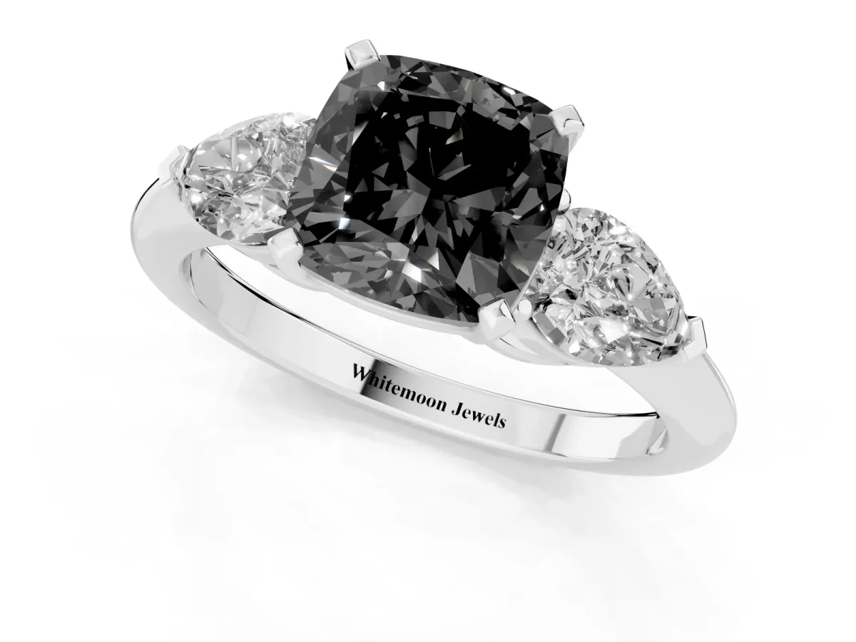 Fancy Black Three-Stone Cushion Cut Diamond Ring with Pear Side Stones and Four-Prong Setting Silver