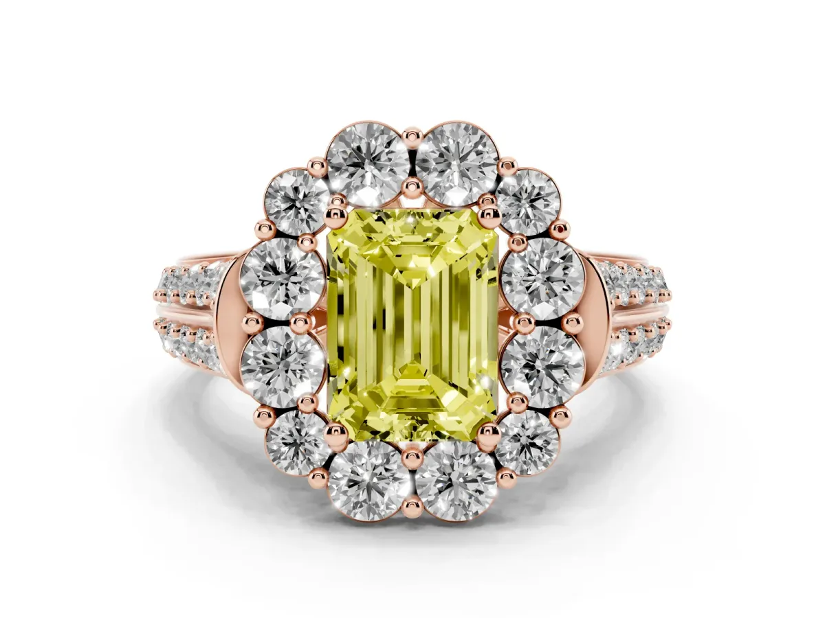 Fancy Yellow Emerald Cut Halo Diamond Engagement Ring with Split Shank and Prong Setting Rose gold