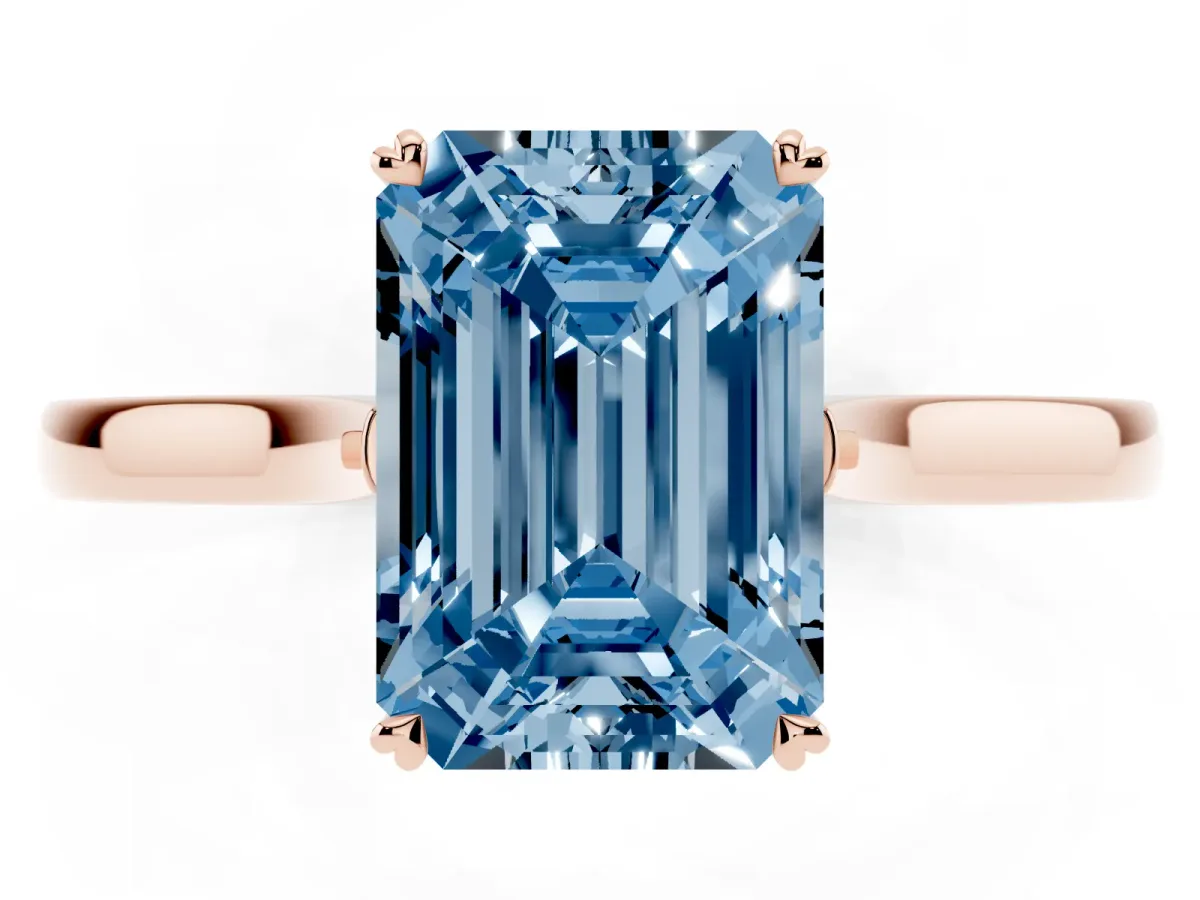 Fancy Blue Emerald Cut Solitaire Heart Prong Engagement Ring with Tapered Band Rose gold