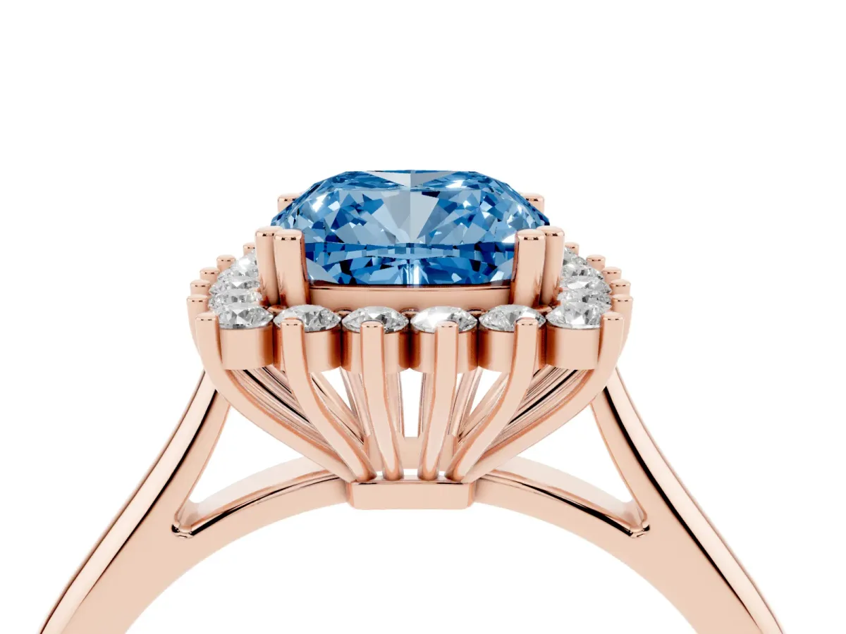Fancy Blue Cushion Cut Cut Diamond Halo Ring with Solitaire Band and Prong Setting Rose gold
