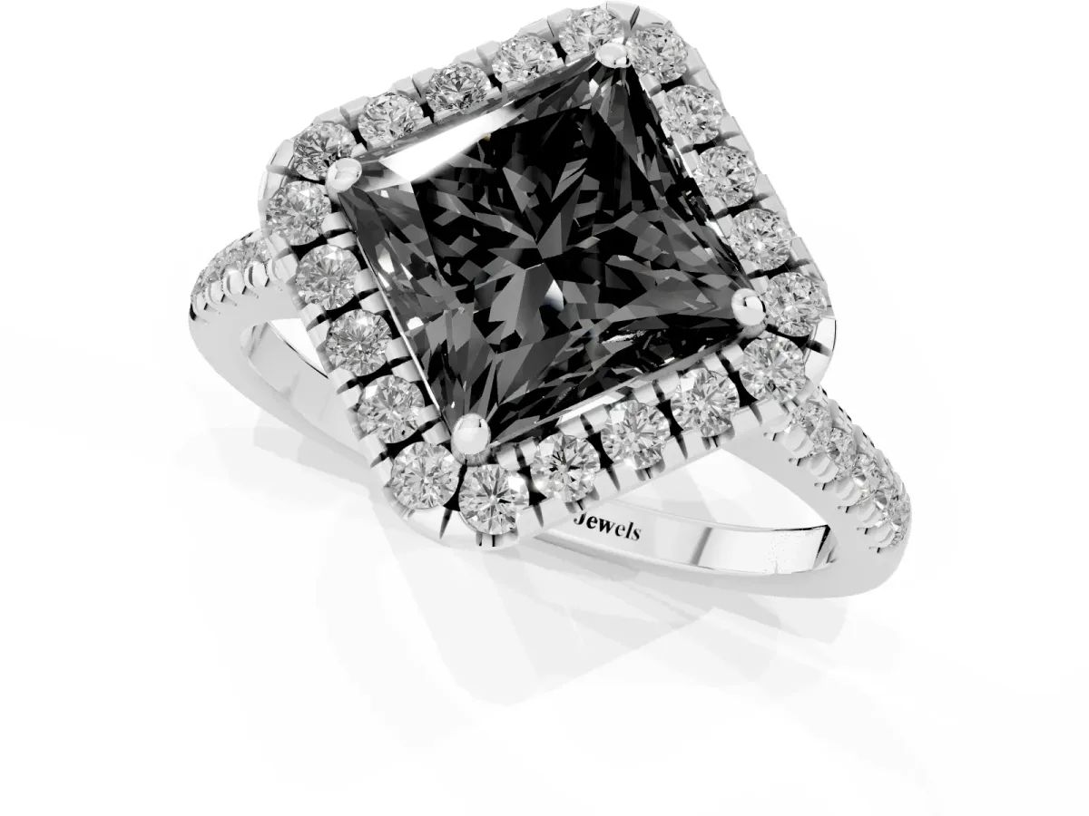 Fancy Black Princess Cut Diamond Cushion Halo Ring with Pavé Band Silver
