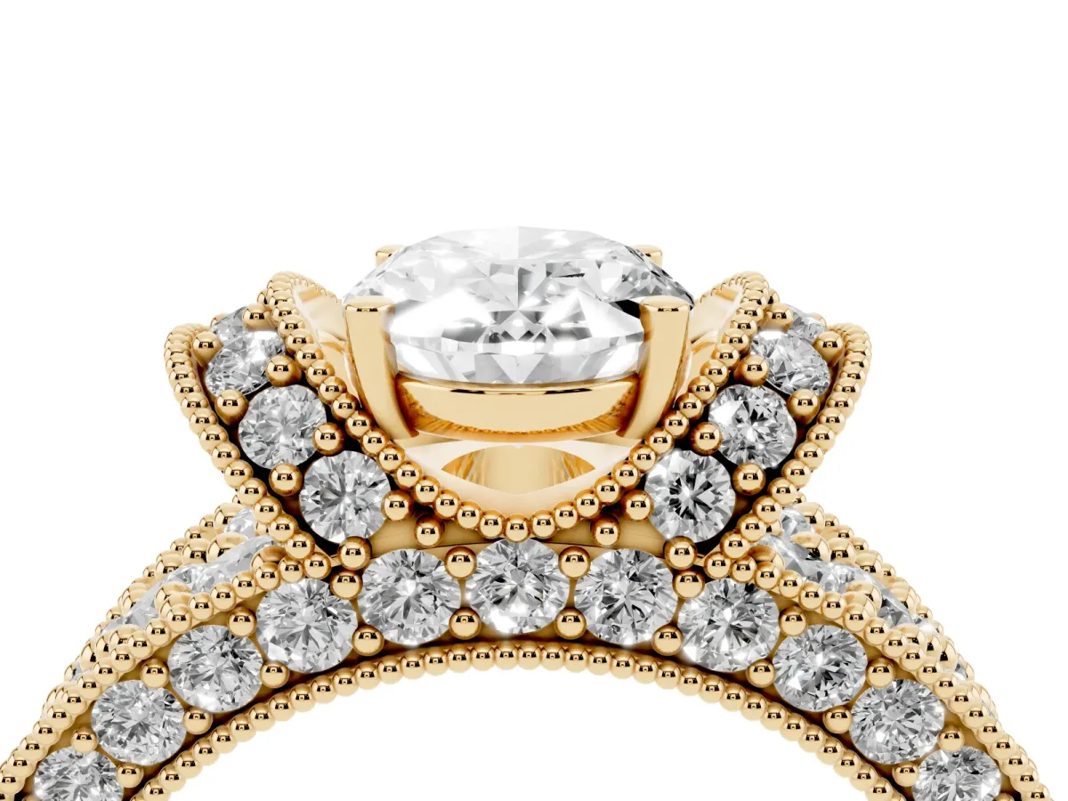 Oval Cut Halo Pave Diamond Engagement Ring with Milgrain Detailing Yellow gold