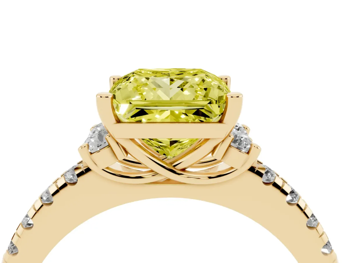 Fancy Yellow Princess Cut Diamond Three-Stone Pave Band with Four-Prong Setting Yellow gold