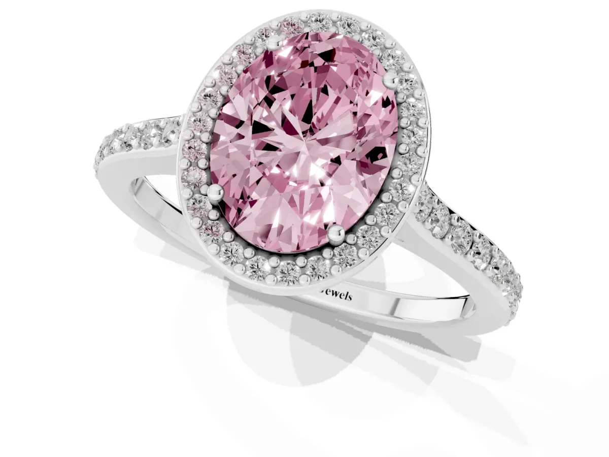 Fancy Pink Oval Cut Diamond Halo Engagement Ring with Round Pavé Shoulders and Prong Setting Platinum