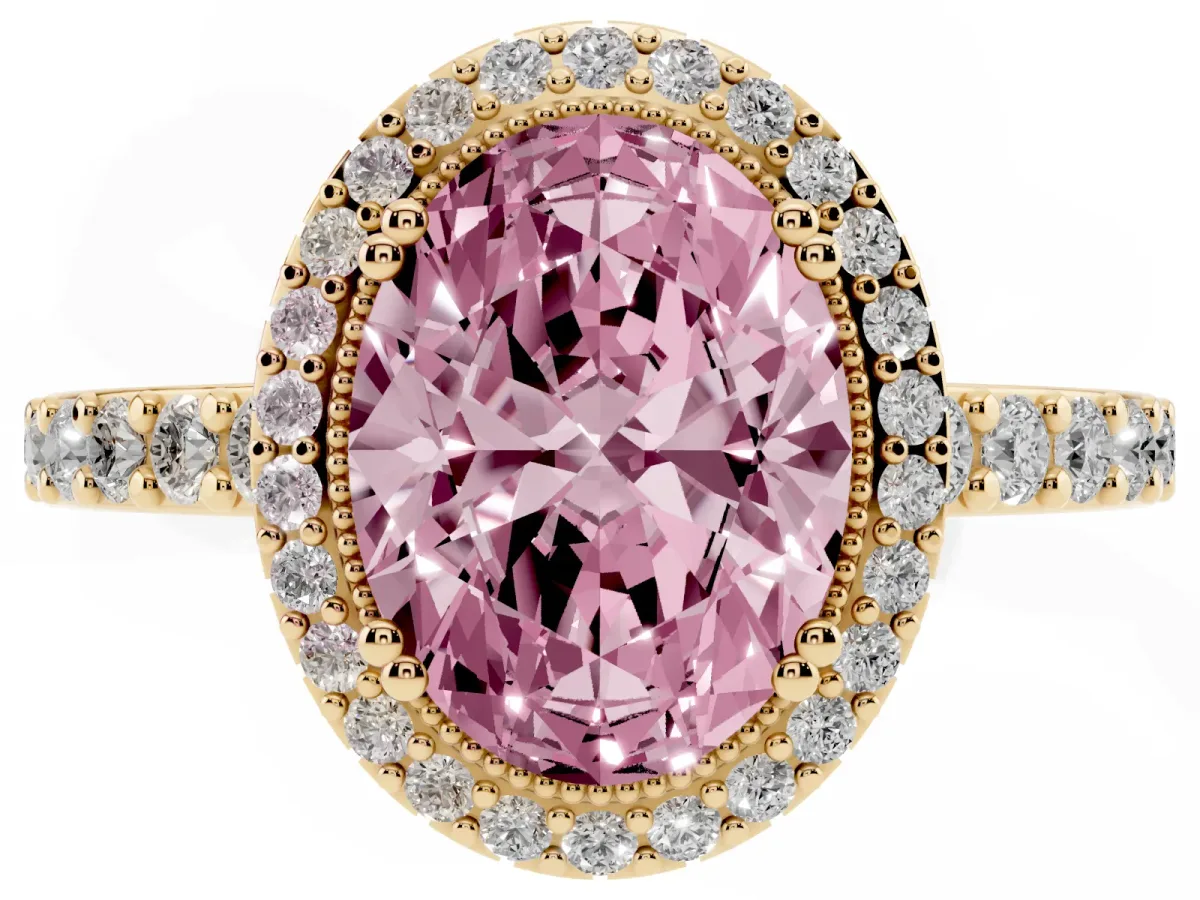 Fancy Pink Oval Cut Cut Diamond Halo Engagement Ring with Milgrain Detail and Pavé Band Yellow gold