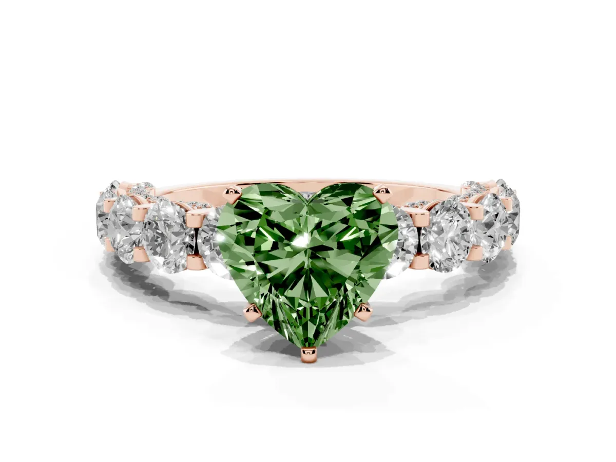 Fancy Green Heart Cut Diamond Side Stone Engagement Ring with Four-Prong Setting Rose gold