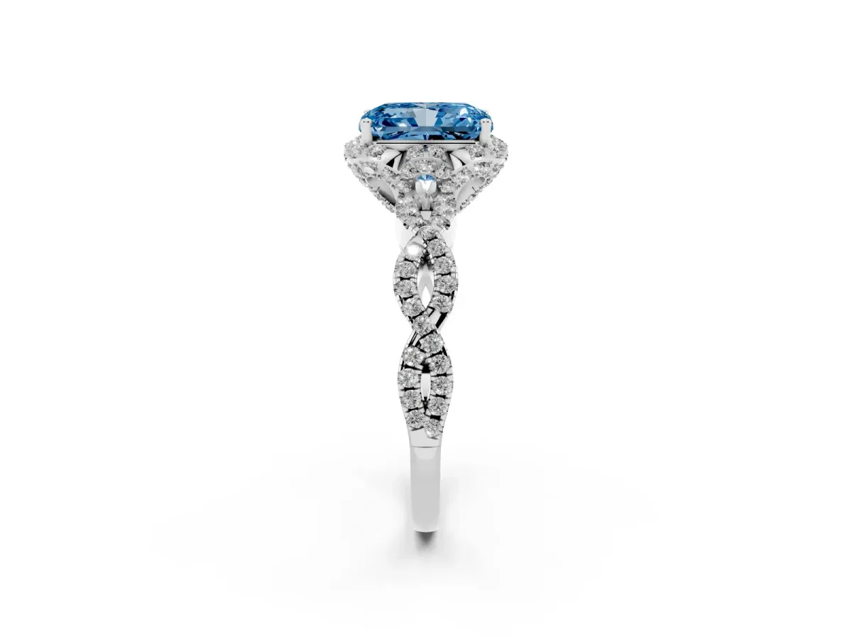 Fancy Blue Radiant Cut Halo Twist Band Solitaire Ring with Six-Prong Setting White gold