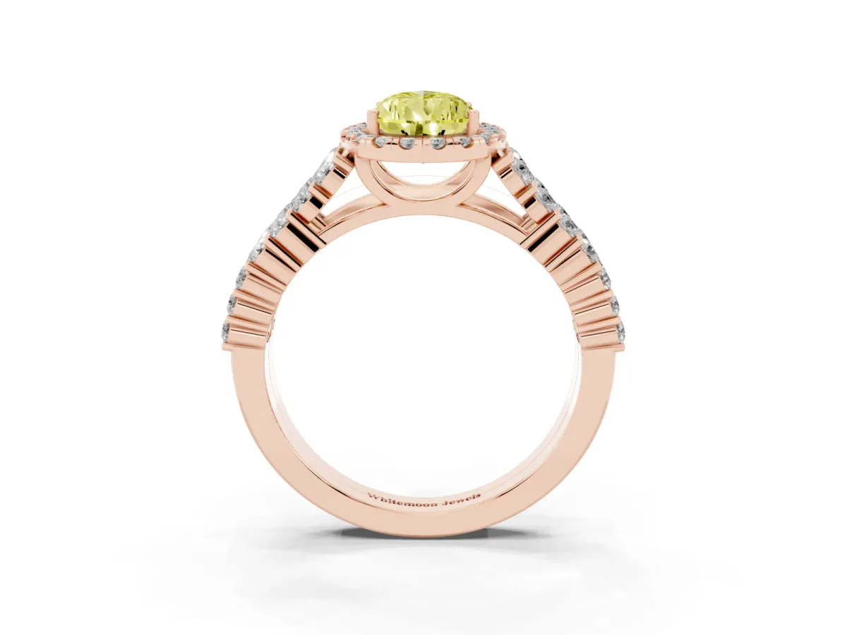 Fancy Yellow Pear Cut Diamond Halo Engagement Ring with Triple Row Round Pavé Band and Prong Setting Rose gold