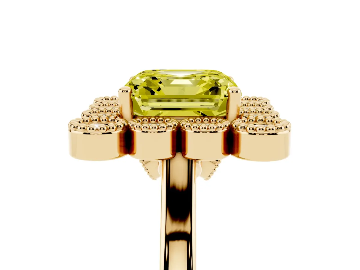 Fancy Yellow Asscher Cut Halo Diamond Cluster Engagement Ring with Milgrain Bezel Setting and Solitaire Band Yellow gold