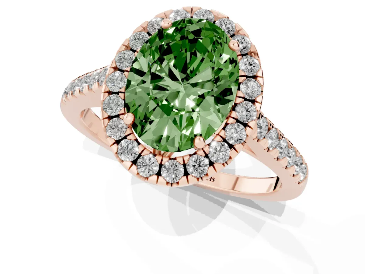 Fancy Green Oval Cut Halo Pavé Diamond Engagement Ring with Four-Prong Setting Rose gold