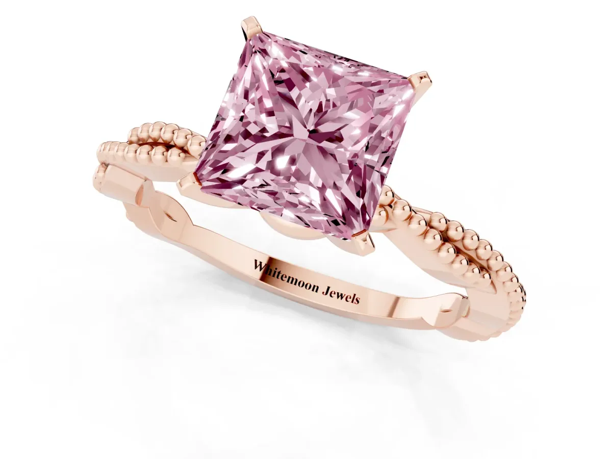 Fancy Pink Princess Cut Solitaire Twisted Band with Bead Prong Setting Rose gold