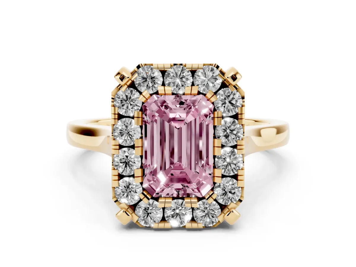 Fancy Pink Emerald Cut Diamond Cluster Halo Solitaire with Four-Prong Setting Yellow gold