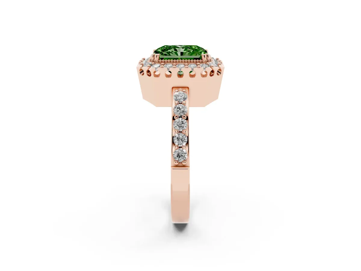 Fancy Green Radiant Cut Diamond Halo Ring with Pavé Band and Prong Setting Rose gold