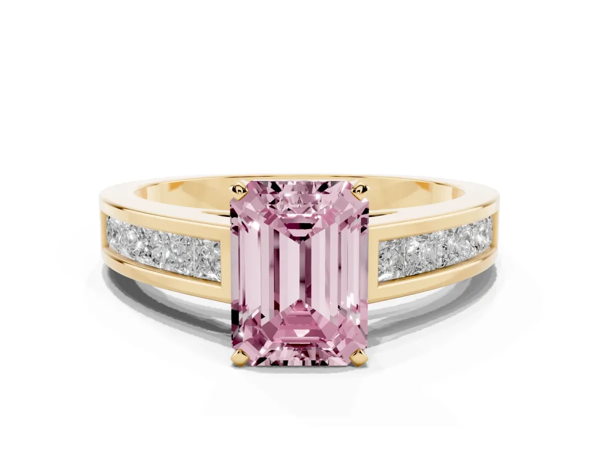 Fancy Pink Emerald Cut Solitaire Diamond Ring with Channel-Set Band and Four-Prong Setting Yellow gold