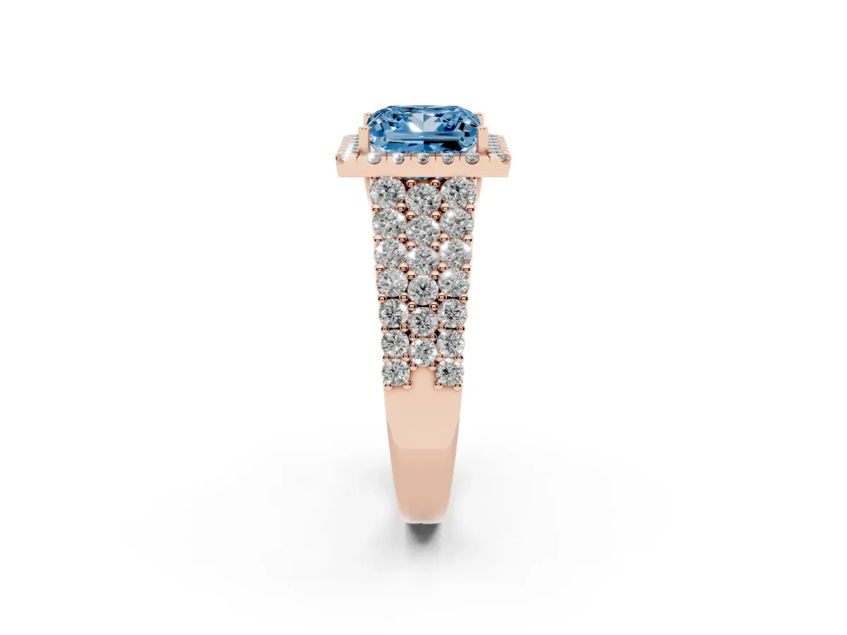 Fancy Blue Princess Cut Diamond Halo Engagement Ring with Triple Row Round Pavé Band and Prong Setting Rose gold