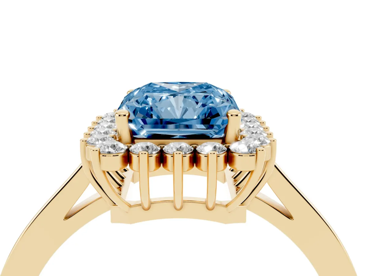 Fancy Blue Radiant Cut Cut Diamond Halo Ring with Round Brilliant Halo and Solitaire Band Yellow gold