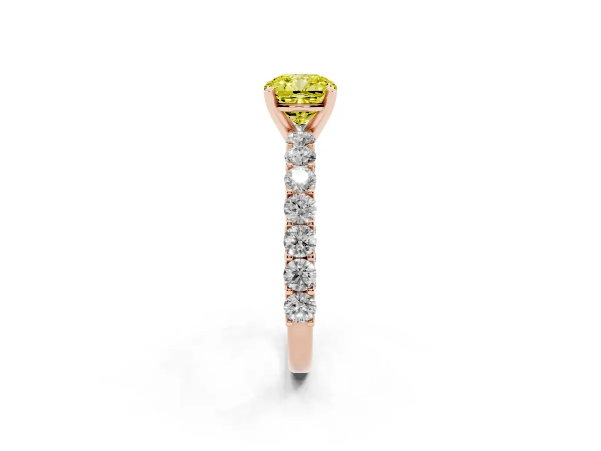 Fancy Yellow Cushion Cut Diamond Solitaire Ring with Shared Prong Pavé Band and Four-Prong Setting Rose gold