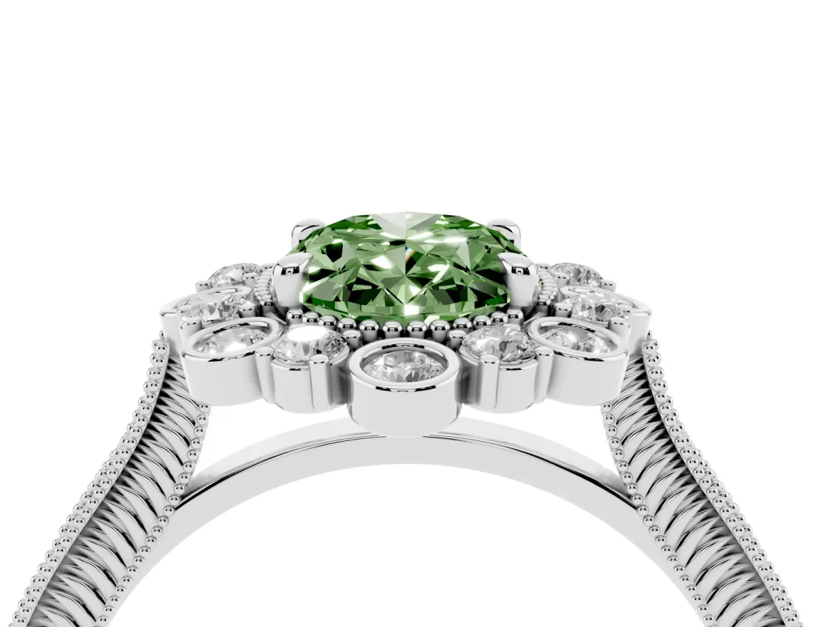 Fancy Green Oval Cut Halo Milgrain Pave Diamond Ring with Four-Prong Setting Silver