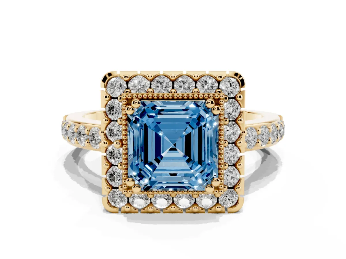 Fancy Blue Asscher Cut Diamond Halo Ring with Pavé Band and Prong Setting Yellow gold