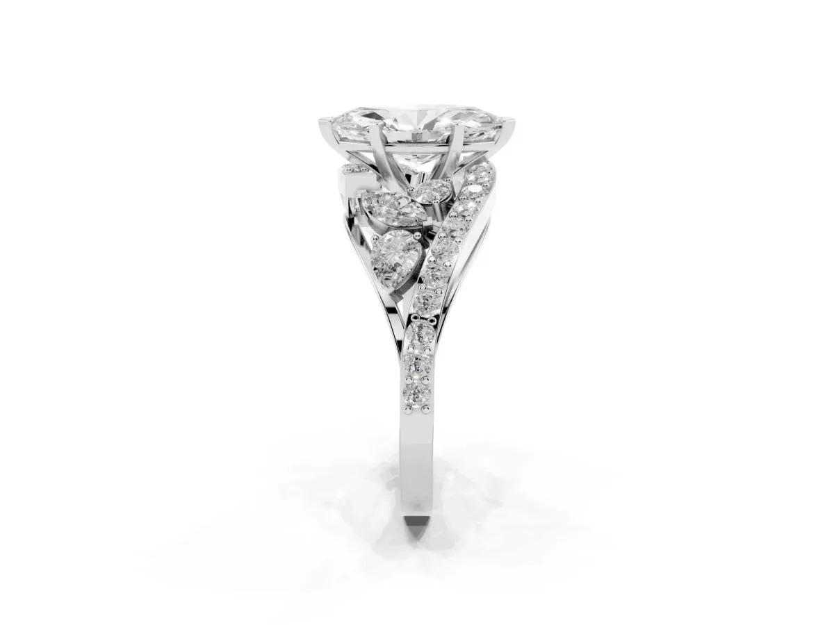 Marquise Cut Diamond Halo Ring with Marquise and Pavé Band in Prong Setting Platinum
