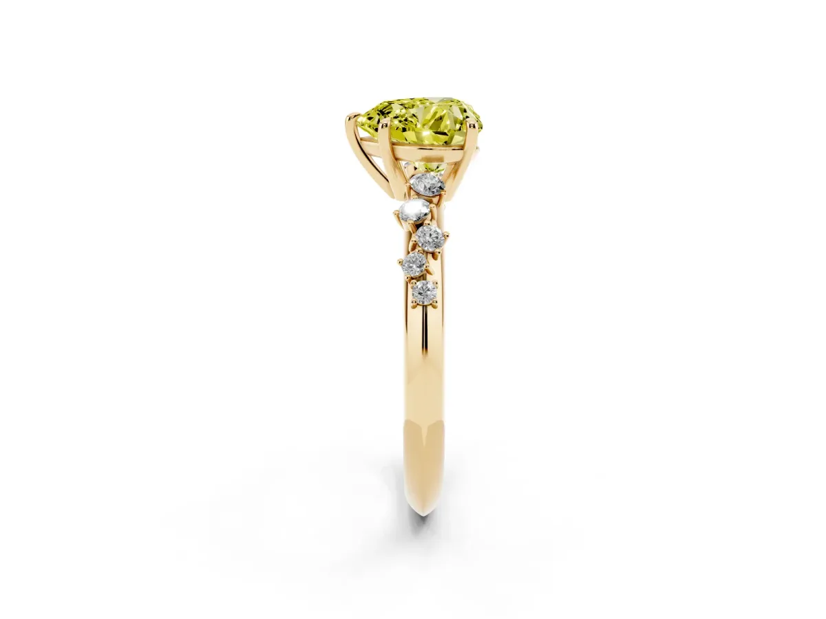 Fancy Yellow Heart Cut Diamond Cluster Side Stone Solitaire Ring with Prong Setting Yellow gold
