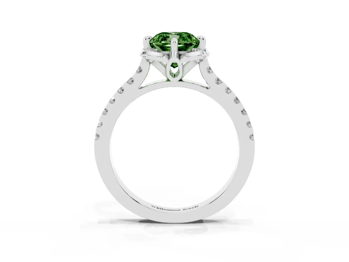 Fancy Green Cushion Cut Diamond Ring with Pavé Band and Floral Prong Setting Platinum