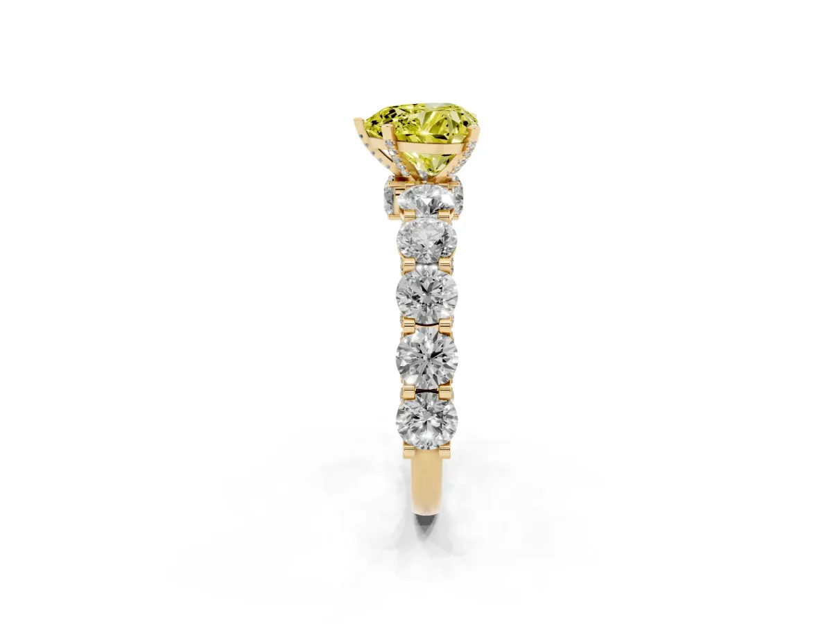 Fancy Yellow Heart Cut Diamond Side Stone Engagement Ring with Four-Prong Setting Yellow gold