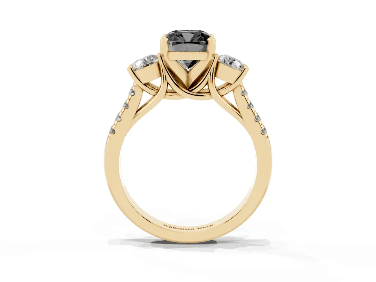 Fancy Black Three-Stone Cushion Cut Diamond Pavé Band with Four-Prong Setting Yellow gold