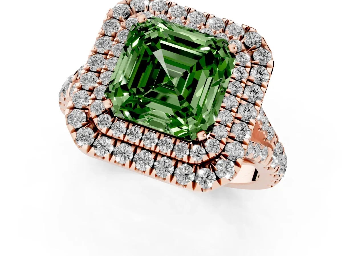 Fancy Green Asscher Cut Cut Double Halo Split Shank Diamond Ring with Prong Setting Rose gold