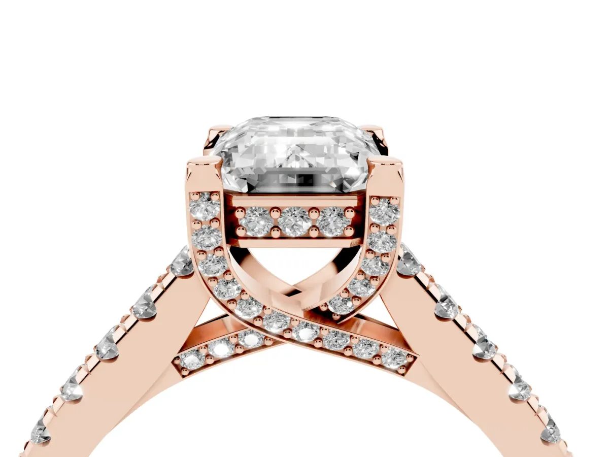 Emerald Cut Brilliant Diamond Solitaire with Pavé Band and Four-Prong Setting Rose gold