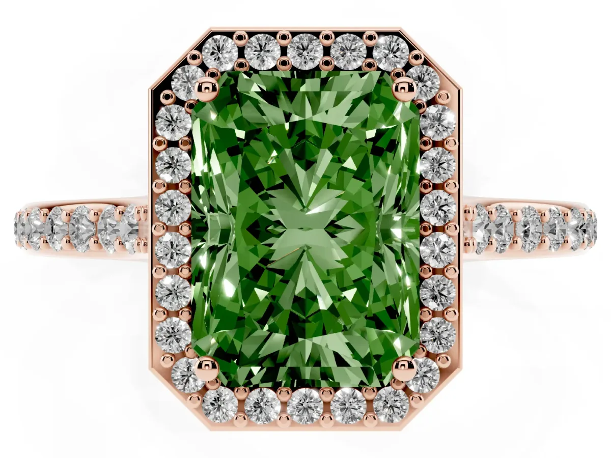 Fancy Green Radiant Cut Diamond Halo Engagement Ring with Round Pavé Shoulders and Prong Setting Rose gold