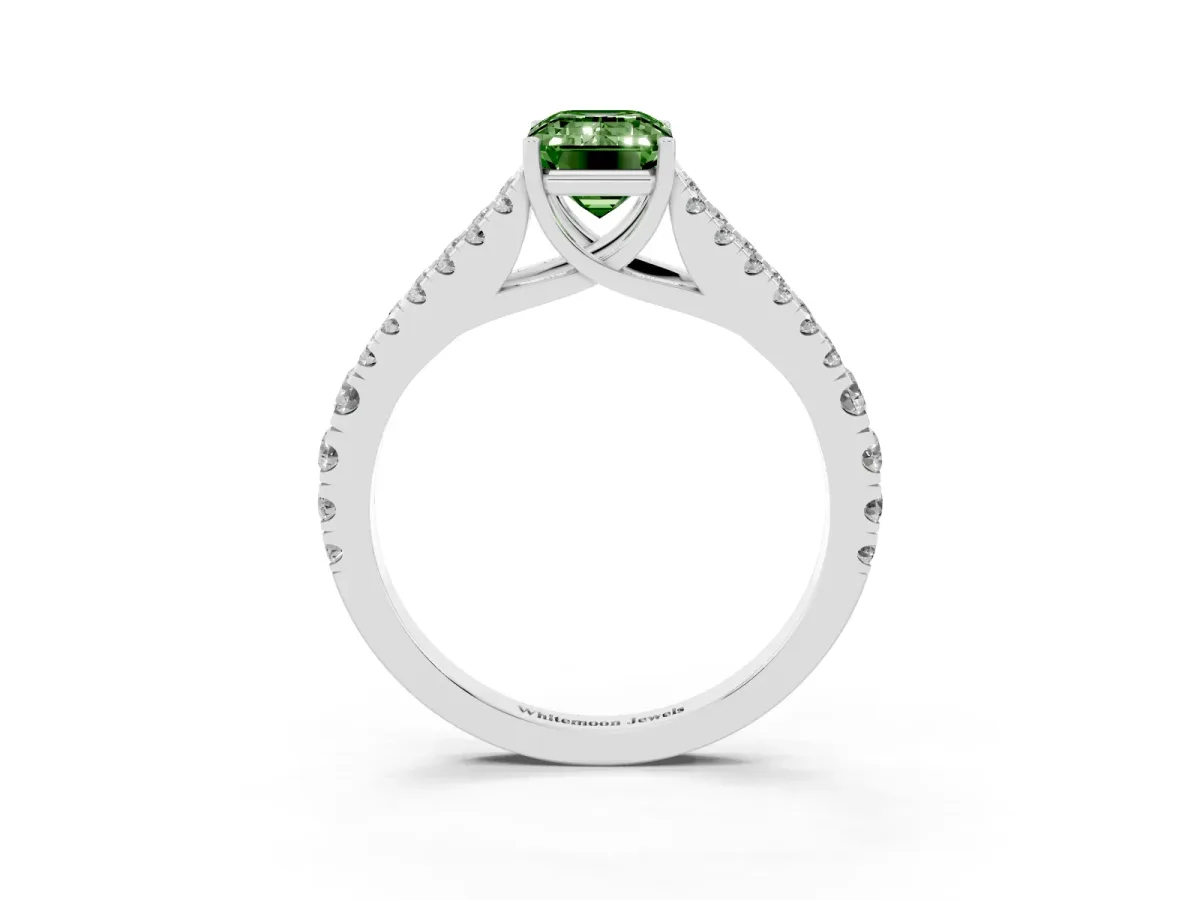 Fancy Green Emerald Cut Diamond Split Shank Pavé Engagement Ring with Four-Prong Setting White gold