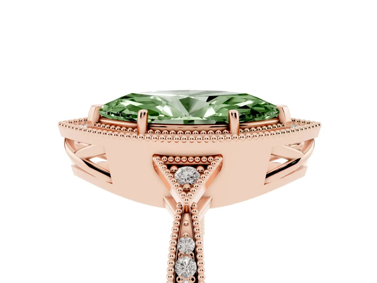 Fancy Green Marquise Cut Halo Round Diamond Milgrain Pave Engagement Ring Rose gold