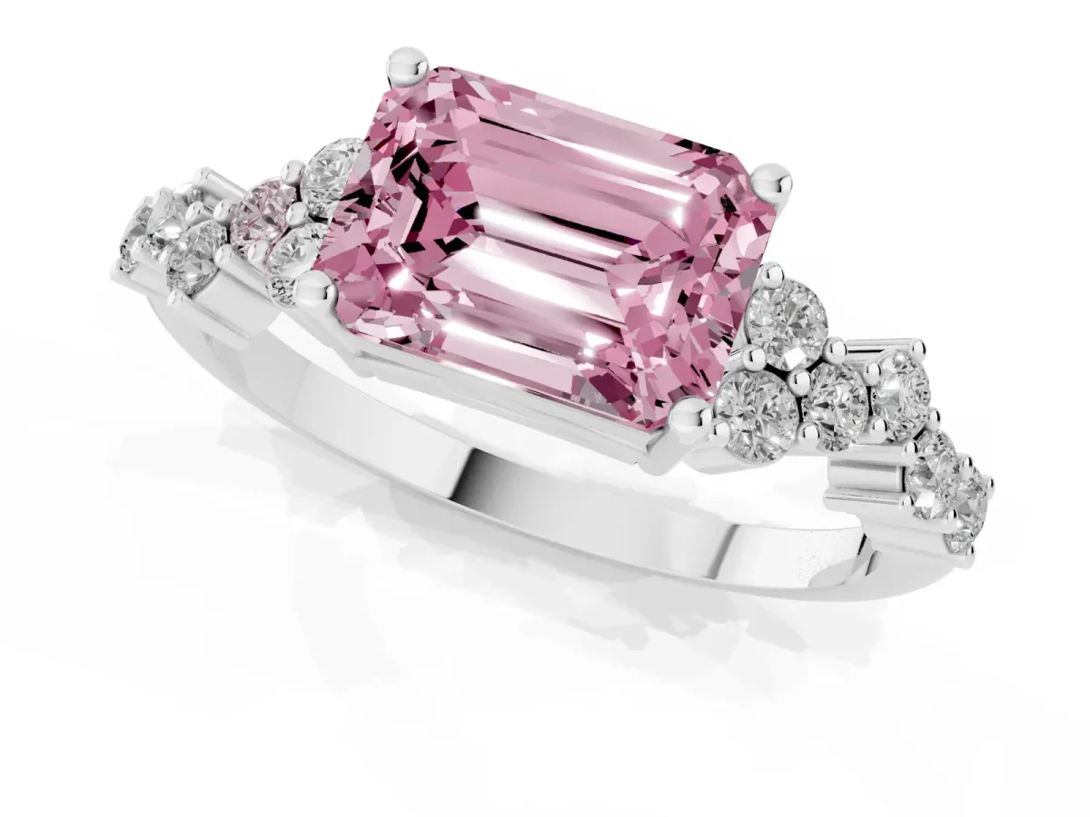 Fancy Pink Emerald Cut Diamond Scattered Round Accent Ring with Prong Setting Silver